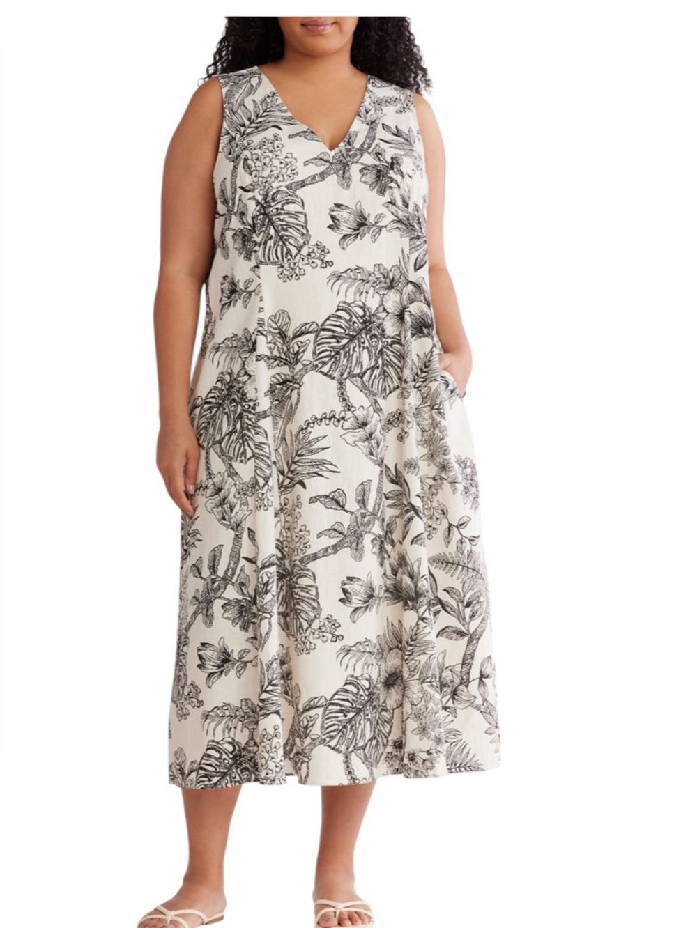 London Times Sleeveless Botanical Print Linen Dress